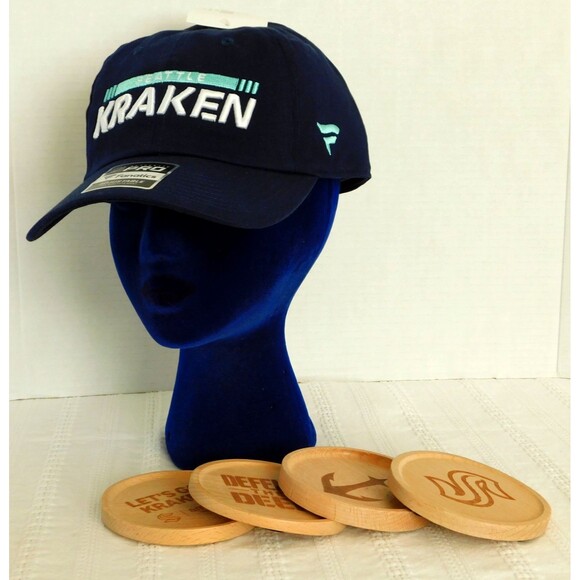 NHL Seattle Kraken Hockey Hat & Coaster Lot Fanatics Adjustable Blue Cotton NWT - Picture 2 of 15